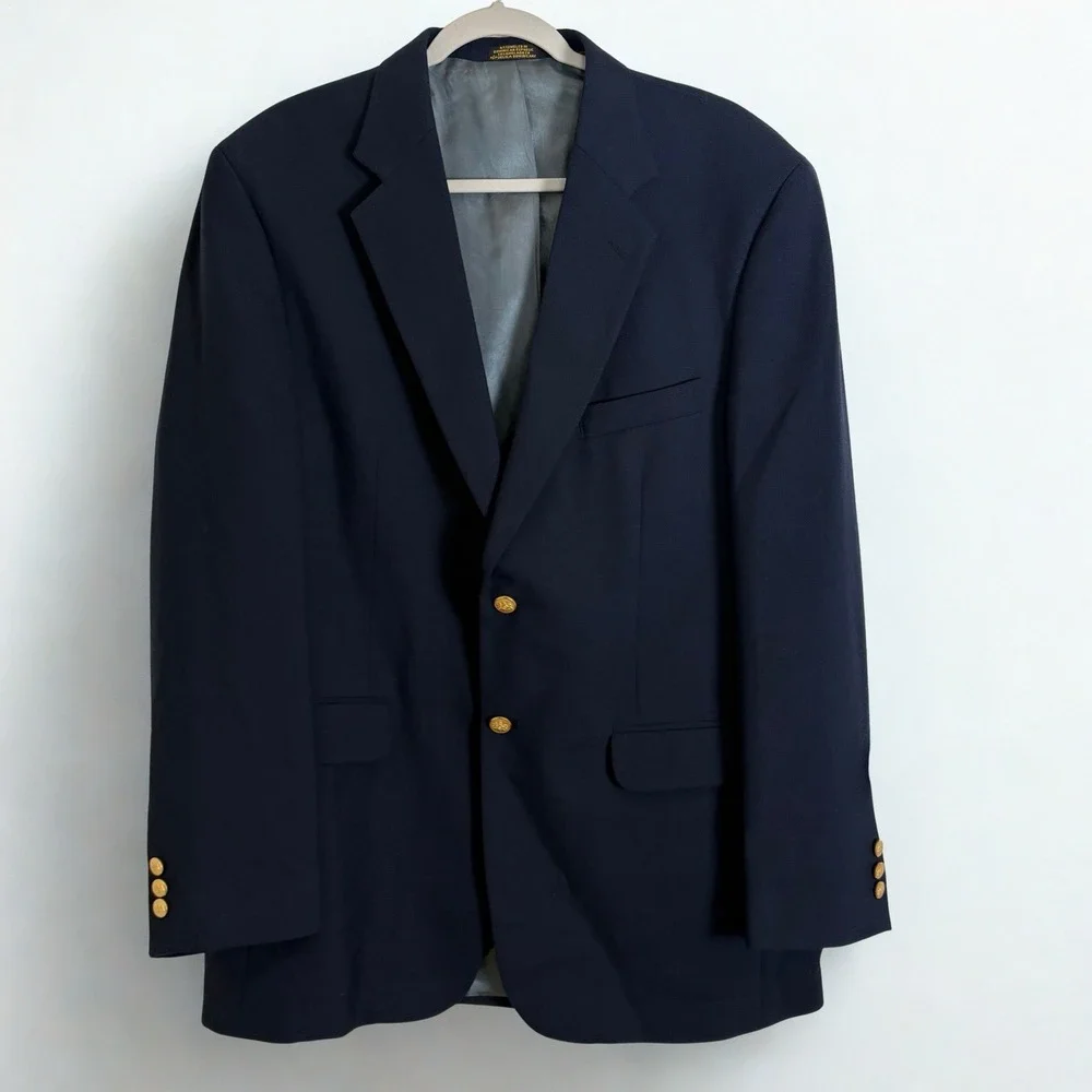 Stafford Blazer Sport Jacket Coat Mens 42L Blue Navy Wool Gold Buttons